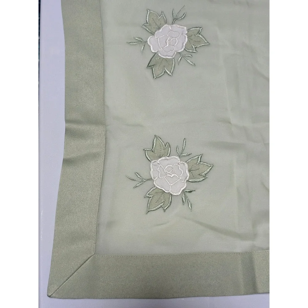 Sage Green Sheer Organza Table‎ Linen Set 7pc White Rose Embroidered Overlay